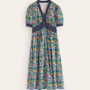 Boden Floral Midi Dress with Polka Dot Accents